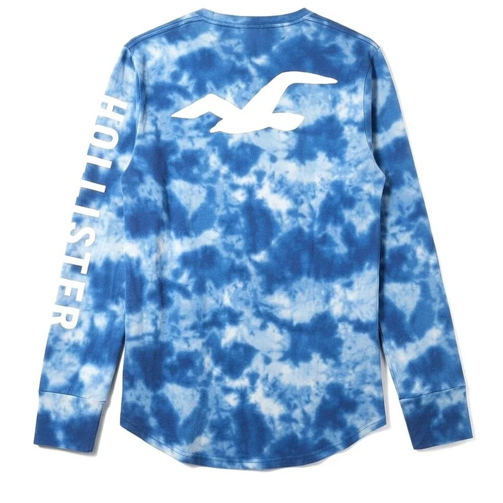 Hollister Mens S Long Sleeve Cotton Blue White Tie Dye Logo Graphic Streetwear - Picture 2 of 9